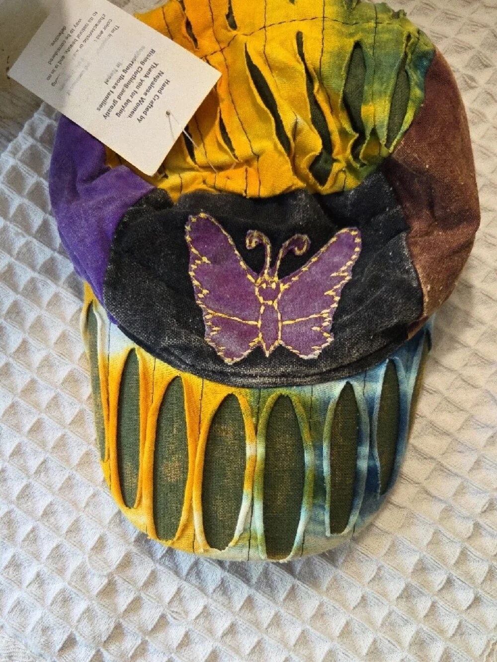 Patchwork Butterfly Cap in Yellow, Purple, Green